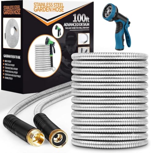 Unywarse Garden Hose 100FT Metal Water Hose with 10 Function Nozzle No-Kink - size: 100ft