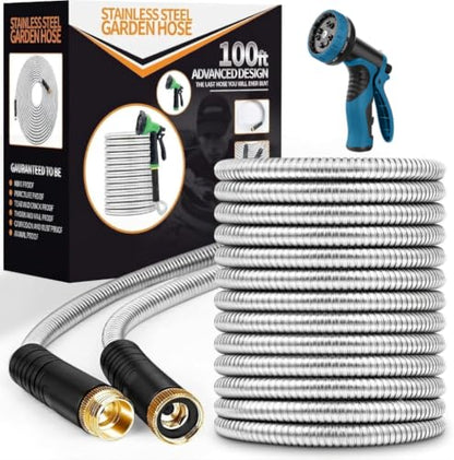 Unywarse Garden Hose 100FT Metal Water Hose with 10 Function Nozzle No-Kink - size: 100ft