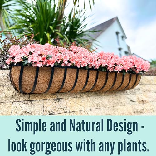 LaLaGreen Planter Boxes Outdoor (48 Inch, 4 Pack) Long Rectangular Deck Railings Flower Box with Coco Liner, Black Metal Balcony Bracket Hanging Planters for Plants Over Rails Fence Patio Porch Decor - size: 48" (122cm) x 4 pack