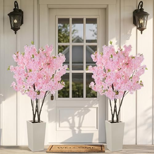 BLOSMON Artificial Cherry Blossom Tree for Porch, 5ft, Pink, with Planter - color: Pink Cherry Blossom