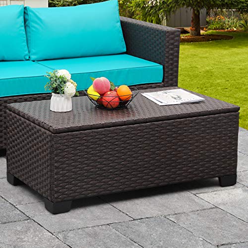 Rattaner Outdoor Storage Table Wicker Patio Coffee Table All-Weather Wicker Side Table with Waterproof Cover, Brown - color: Brown