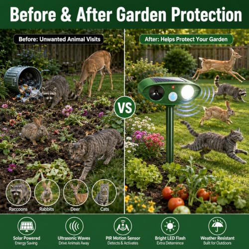 2 Pack Upgraded Sonic Deer Repellent Devices,Solar Ultrasonic Animal Repeller Outdoor for Racoons,Squirrels,Cats,Rabbits &Foxes,Waterproof Flashing Light Motion Sensor Animal Deterrent for Garden Yard