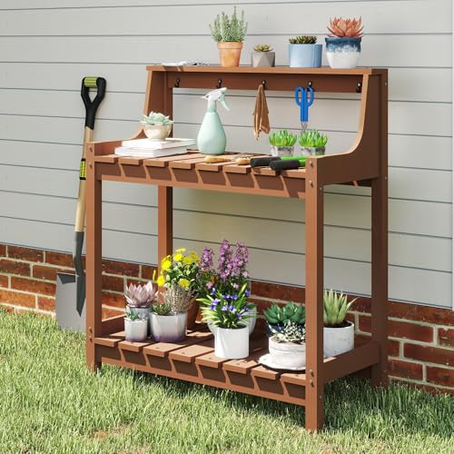 Domi 3-Tier Potting Benches for Outside, HDPE Outdoor Potting Table, Brown - color: Brown