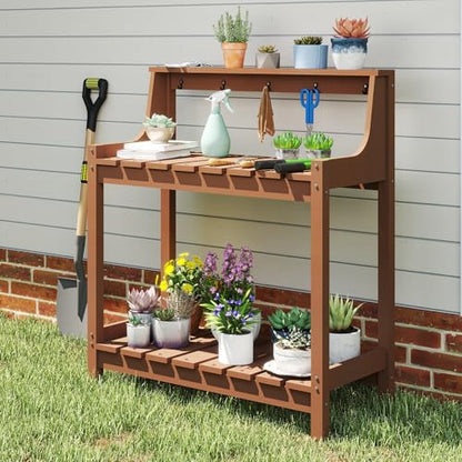 Domi 3-Tier Potting Benches for Outside, HDPE Outdoor Potting Table, Brown - color: Brown