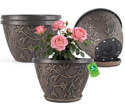 Nooulap 10 Inch Flower Pots Outdoor, Plastic Planters 4 Pack - color: Retro Brown, size: 10 inch