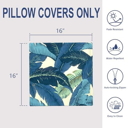 Outdoor 16x16 Inch Throw Pillow Covers Set of 2, All Weather Square Pillow Cases, Covers ONLY, Patio Cushion Pillow of Home Furniture Use, Swaying Palms Blue - color: Swaying Palms Blue, size: 16" x 16" (Pack of 2)