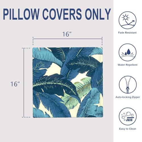 Outdoor 16x16 Inch Throw Pillow Covers Set of 2, All Weather Square Pillow Cases, Covers ONLY, Patio Cushion Pillow of Home Furniture Use, Swaying Palms Blue - color: Swaying Palms Blue, size: 16" x 16" (Pack of 2)