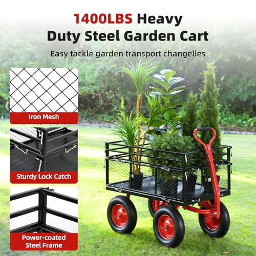 1400 LBS Steel Garden Yard Cart, Heavy-Duty Metal Garden Wagon Convertible 2-in-1 Handle and Removable Sides to Convert into Flatbed Lawn and Utility Wagons Cart