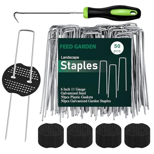 FEED GARDEN 6 Inch 50 Pcs Galvanized Landscape Staples 50 Pcs Gaskets Pick Hook Garden Stakes 11 Gauge Anti-Rust Landscaping Fabric SOD Pins U Shaped Yard Turf Stakes for Weed Barrier Fabric - color: Silver