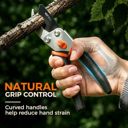 8.5" Bypass Pruning Shears, Jam-Proof Spring Clippers for branches - color: Sunset Orange