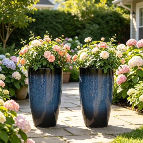Autodaya 24" Large Tall Outdoor Planters Set of 2, Faux Ceramic Flower Pots - color: 23.8" Blue Gradient Cobalt Finish