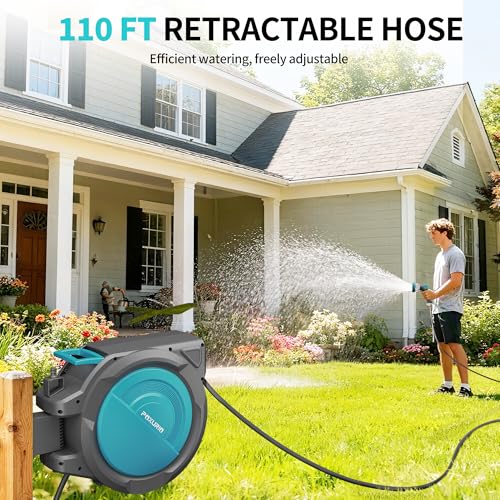 1/2" 110FT Retractable Garden Hose Reel, Wall Mounted Automatic Hose Reel with Upgraded 10 Pattern Nozzle/Any Length Lock/Slow Return System/180°Swivel Bracket, AquaBlue - size: 110FT-1/2"