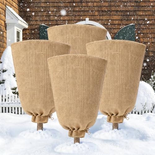 Riare 4 Packs 45× 70 Inch Burlap Winter Plant Cover Bags with Drawstring - size: 45 × 70 Inch