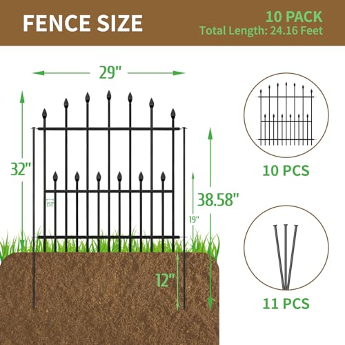 Decorative Garden Fence - 32in(H) x 24.16Ft(L) Heavy Duty Metal Animal Barrier Border Fencing No Dig Rustproof for Rabbit Dog, Outdoor Decor for Yard & Patio Flower Bed (10 Panels + 11 Stakes) - size: 10 Panels-32in(H) x 24.16Ft(L)