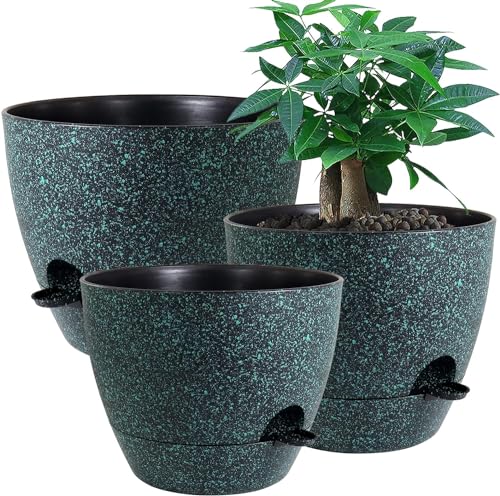 UOUZ Large Self Watering Pots, 12/10/9 Plastic Planters with High Drainage Holes and Deep Reservoir for Indoor Outdoor Garden Plants and Flowers, Black with Green Speckles - color: Black With Green Speckles