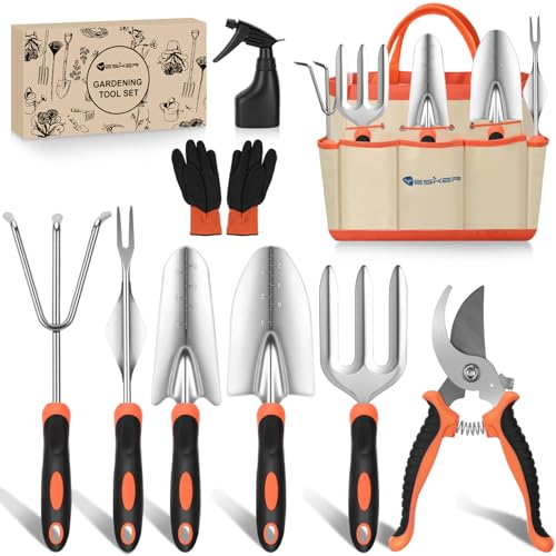 Yesker Gardening Tools 9-Piece Heavy Duty Garden Tool Set Gardening Supplies Gifts for Women Men Gardening Hand Tool Kit with Non-Slip Ergonomic Handle, Garden Bag, Durable Gloves and Shears, Orange - size: 9PCS Black Orange