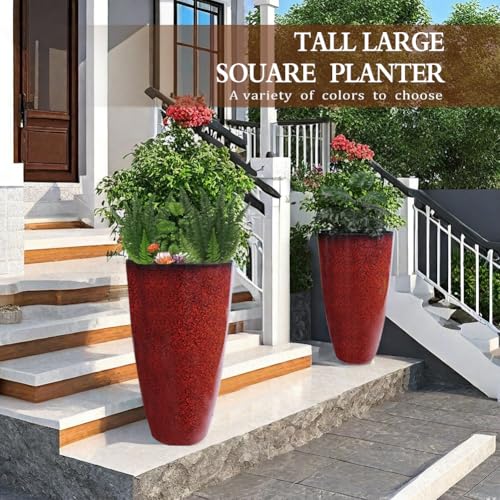 2 Pcs Pack 21 Inches Plastic Resin Tall Tapered Planter Pots Large Round Planter Flower Pot with Drainage Holes for Indoor Outdoor Deck Porch Yard Office Garden Home Patio Front Door (Red, L) - color: Red