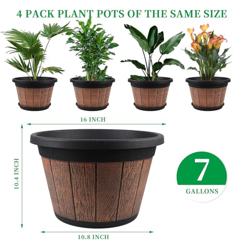 4 Pack 16 inch Plant Pots,Whiskey Barrel Planters with Drainage Holes - size: 16 inch