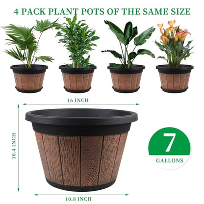 4 Pack 16 inch Plant Pots,Whiskey Barrel Planters with Drainage Holes - size: 16 inch