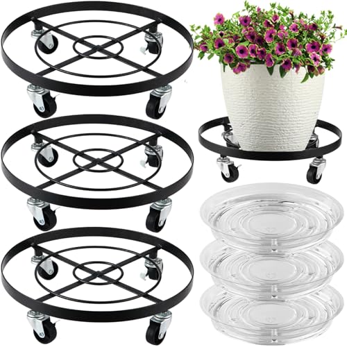 3 Packs Large Metal Plant Caddy 12.6” Plant Dolly with Wheels Heavy-duty Wrought Iron Rolling Wheeled Plant Stand with Casters for Indoor and Outdoor Plant Pot Rollers, 12" Clear Plant Saucers Included - color: Vintage black, size: 12.6"/ 3 packs