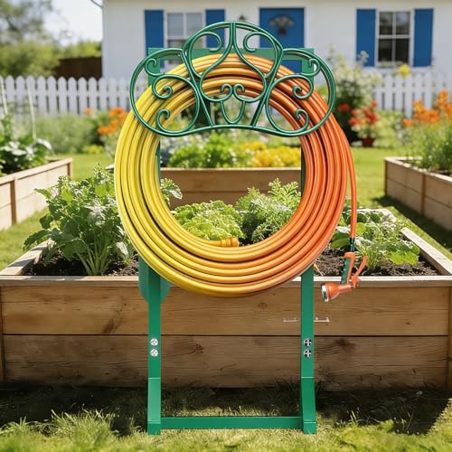 Garden Hose Holder with 2 Tool Hooks Heavy-Duty Freestanding Water Hose Holder Holds 160Ft Hoses, Rustproof Freestanding Hose Stand with 4 Spikes Hose Hanger Storage Rack for Outside, Yard, Lawn - color: Green, size: Floral