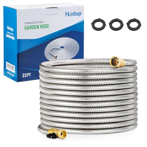 25FT Stainless Steel Metal Garden Hose - Lightweight, Kink-Free & Tangle-Free, Flexible with Brass Fittings, On/Off Valve, Pet Proof, Puncture Proof for Yard, RV, Car Washing (Silver) - color: Silver, size: 25 FT
