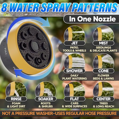 Metal Garden Heavy Duty Hose Nozzle, 8 Spray Patterns, Lock Clip - color: Metal-Yellow