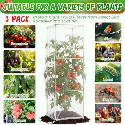 Frienda 3 Pack Square Tomato Cages with 3 Pcs Zippered Plant Netting Covers, 48.5 in Adjustable 3-Tier Tomato Plants Trellis, Drawstring Plant Protection for Climbing Vegetables, Fruit, Flowers
