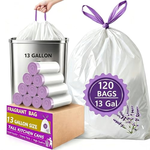 13 Gallon Tall Kitchen Trash Bags Drawstring 120CT Lavender Scented Strong - size: 1 Count (Pack of 120)