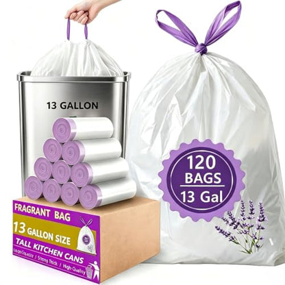 13 Gallon Tall Kitchen Trash Bags Drawstring 120CT Lavender Scented Strong - size: 1 Count (Pack of 120)