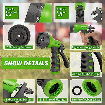 AUTOMAN-Garden-Hose-Nozzle,ABS Water Spray Nozzle with Heavy Duty 7 Adjustable Watering Patterns,Slip Resistant for Watering Plants,Lawn& Garden,Washing Cars,Cleaning,Showering Pets - Green - color: Green