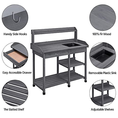 Yaheetech Potting Bench with Sink & Drawer, Outdoor Gardening Table, Gray - color: Gray