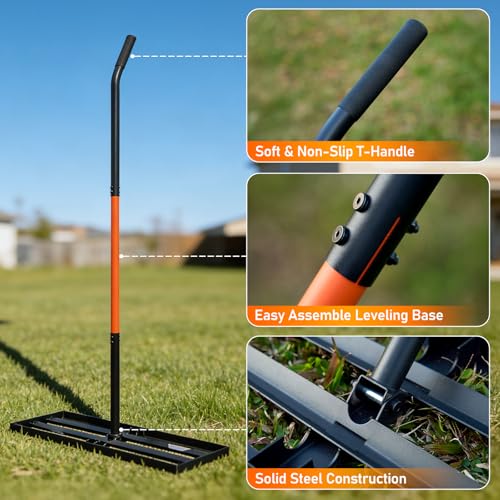 Lawn Leveling Rake, 30"x10" Leveler with 78" Adjustable Handle - color: Orange