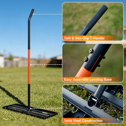 Lawn Leveling Rake, 30"x10" Leveler with 78" Adjustable Handle - color: Orange