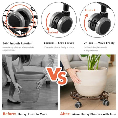 3 Pack Plant Caddy with Wheels & Saucers, Heavy Duty 13.5 Inch Metal Plant Stand with Wheels, Plant Dolly Rolling Plant Stand Plant Roller with Casters for Indoor and Outdoor, Bronze
