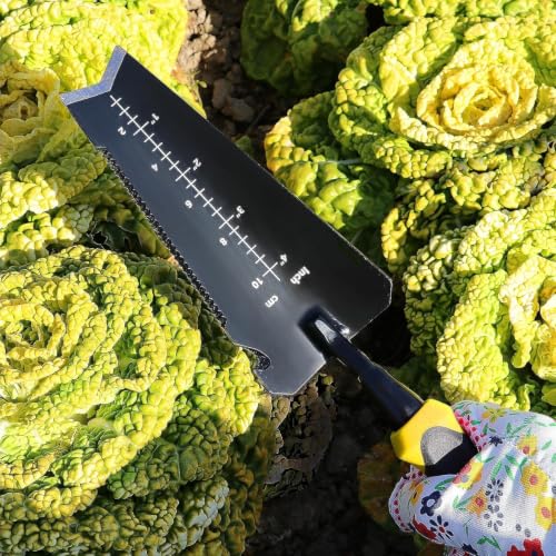 Heavy-Duty Yellow Garden Trowel. Serrated Root Cutter.