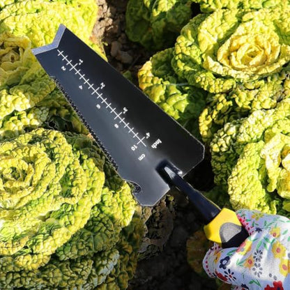 Heavy-Duty Yellow Garden Trowel. Serrated Root Cutter.