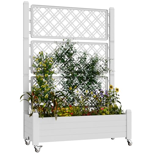 Resin Raised Garden Bed with Trellis and Wheels - Plasitc Planter Box with Trellis Outdoor with Drainage Holes & Water Monitor for Climbing Plants, Flower, Medium Ashen(61.2" H) - color: Medium Ashen, size: 61.2"h