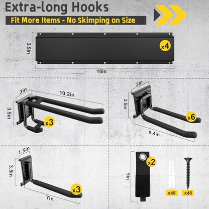 64" Garage Wall Tool Organizer, 900 Lbs Heavy Duty Steel Garden Tool Storage Rack & Garage Organization for Yard, Shed, Garage - 12 Longer & Thicker Hooks + 2 Straps - size: 64inch