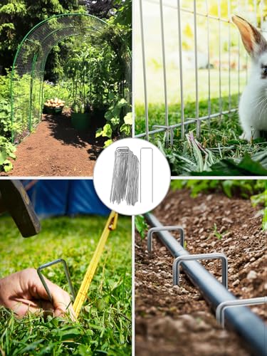 GROWNEER 100 Pack Landscape Staples 4 inch Galvanized Steel Yard Stakes - size: 4 Inch