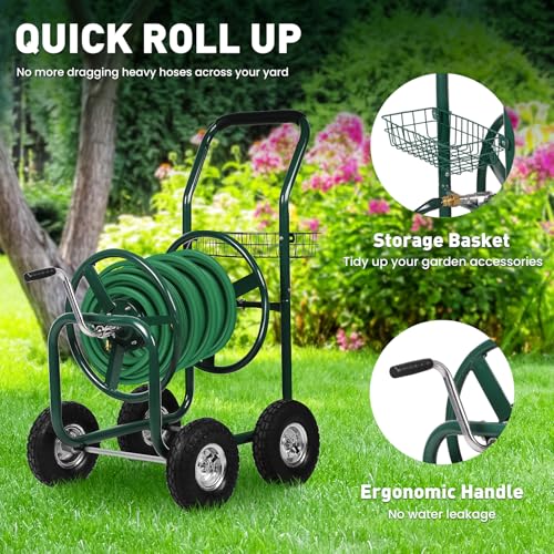 Garden Hose Reel Cart with Wheels, Holds 300-Feet of 5/8-Inch Hose, Heavy Duty Yard Water Planting 4 Wheels Outdoor Garden Lawn Water Truck with Storage Basket, Green - color: Green