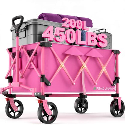 Wagons Carts Foldable,Collapsible Wagon with Wheels,450LBS Heavy Duty Beach Wagon Cart,Lightweight Portable Folding Utility Wagon Cart with Cup Holders for Camping, Garden, Sports, Grocery pcs (Pink) - color: Pink