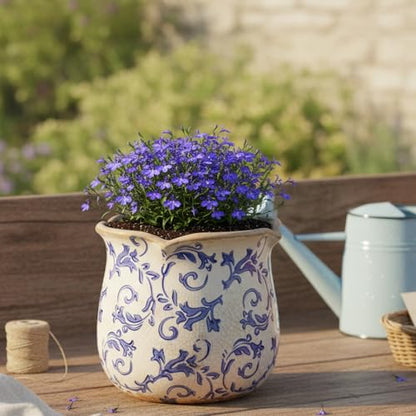 Retro Distressed Ceramic Pots, Antique Crackle Glaze Planters w/ Drainage - color: Blue Swirls