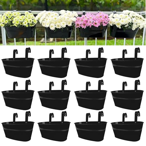 LaLaGreen Outdoor Plants Rail Planter (11.2 Inch, 12 Pack) Black Metal Iron Hanging Flower Pots Deck Railings Fence Buckets Modern Boho Style Wall Mount Window Box Plant Holder Hooks Porch Home Decor - size: 11.2" (28cm) x 12 Pack