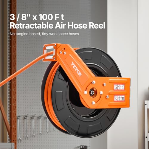 VEVOR Retractable Air Hose Reel, 3/8IN x 100FT Rubber Air Hose Max 300PSI, Air Compressor Hose Reel Auto-Rewind with 5FT Lead in, Ceiling/Wall Mount Heavy Duty Single Arm Steel Reel, 1/4" NPT Fitting - color: Black, size: 3/8IN x 100FT
