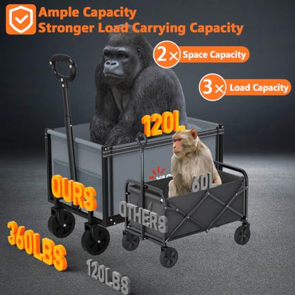 Yozoia 3 in 1 Wagons Carts Foldable,360LBS Beach Cart with Sturdy Wheels - color: Gray, size: 120L