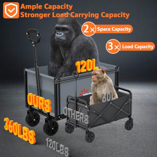 Yozoia 3 in 1 Wagons Carts Foldable,360LBS Beach Cart with Sturdy Wheels - color: Gray, size: 120L