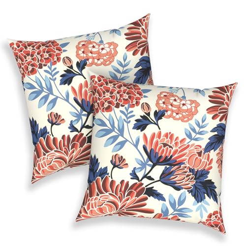 Outdoor 16x16 Inch Throw Pillow Covers Set of 2, Covers ONLY, All Weather Square Pillow Cases, Patio Cushion Pillow of Home Furniture Use, Red Chrysanthemum - color: Red Chrysanthemum, size: 16" x 16" (Pack of 2)