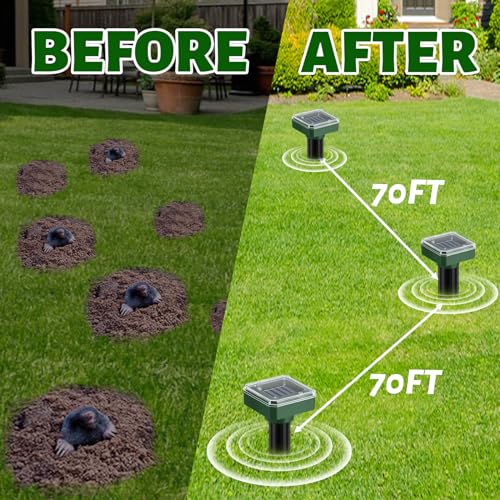 Mole Repellent Solar Powered 10 Pack,Upgraded Ultrasonic Gopher & Vole Deterrent, IP44 Waterproof Snake Repeller, Solar Sonic Spikes for Pest Control in Large Lawns Gardens & Farms