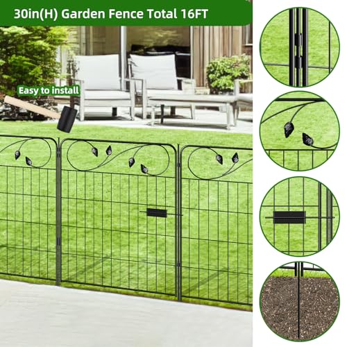 Decorative Metal Garden Fencing with Gate 30in(H) X16ft(L) 1Gate+7Panels - size: 30″Tall(Gate+7 Panels)
